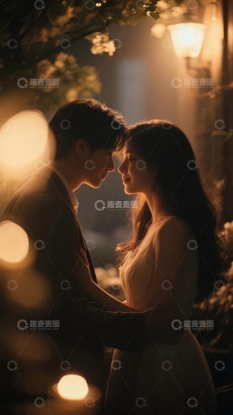 高清大图下载【趣麦麦图】夜晚灯光下情侣深情对视