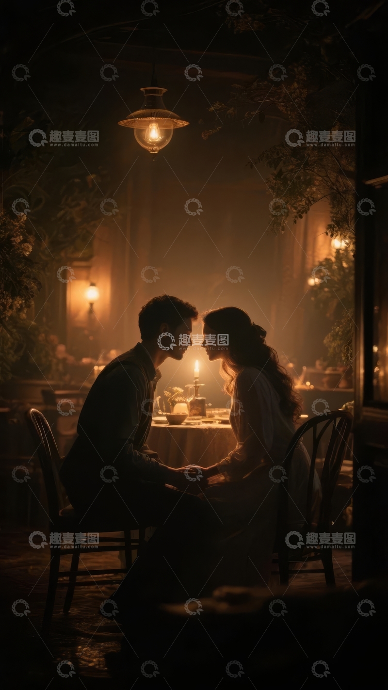 高清大图下载【趣麦麦图】昏暗灯光下情侣在餐桌旁亲密交谈