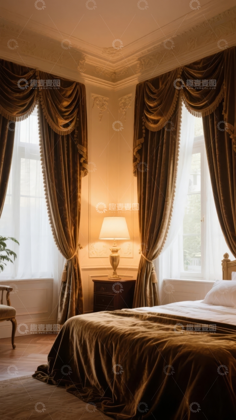 高清大图下载【趣麦麦图】豪华卧室角落装饰精美窗帘与温馨灯光