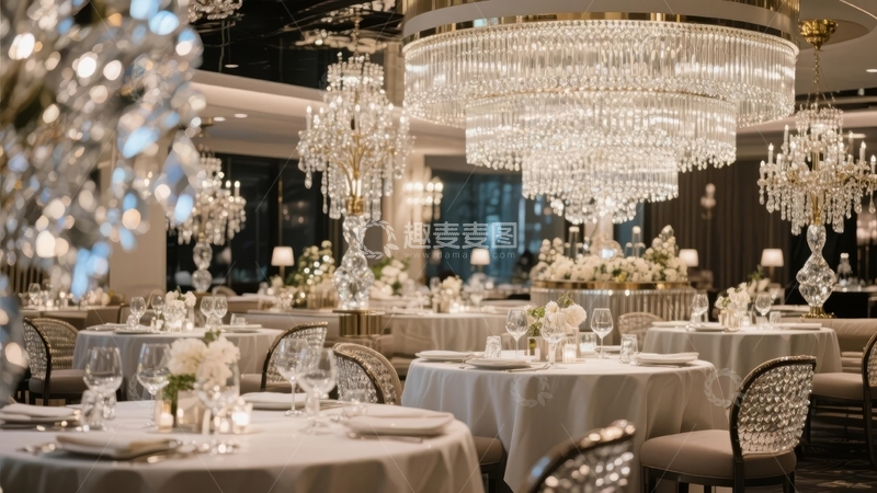 高清大图下载【趣麦麦图】豪华宴会厅内灯光璀璨餐桌整齐排列