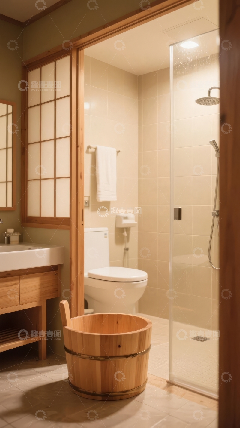 高清大图下载【趣麦麦图】日式风格浴室设计包含淋浴区和木质推拉门