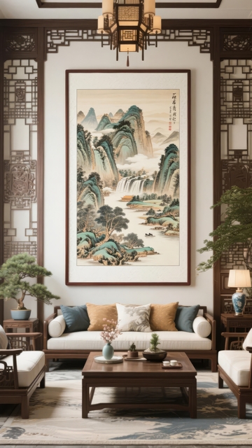 中式风格客厅挂有山水画沙发配色温馨