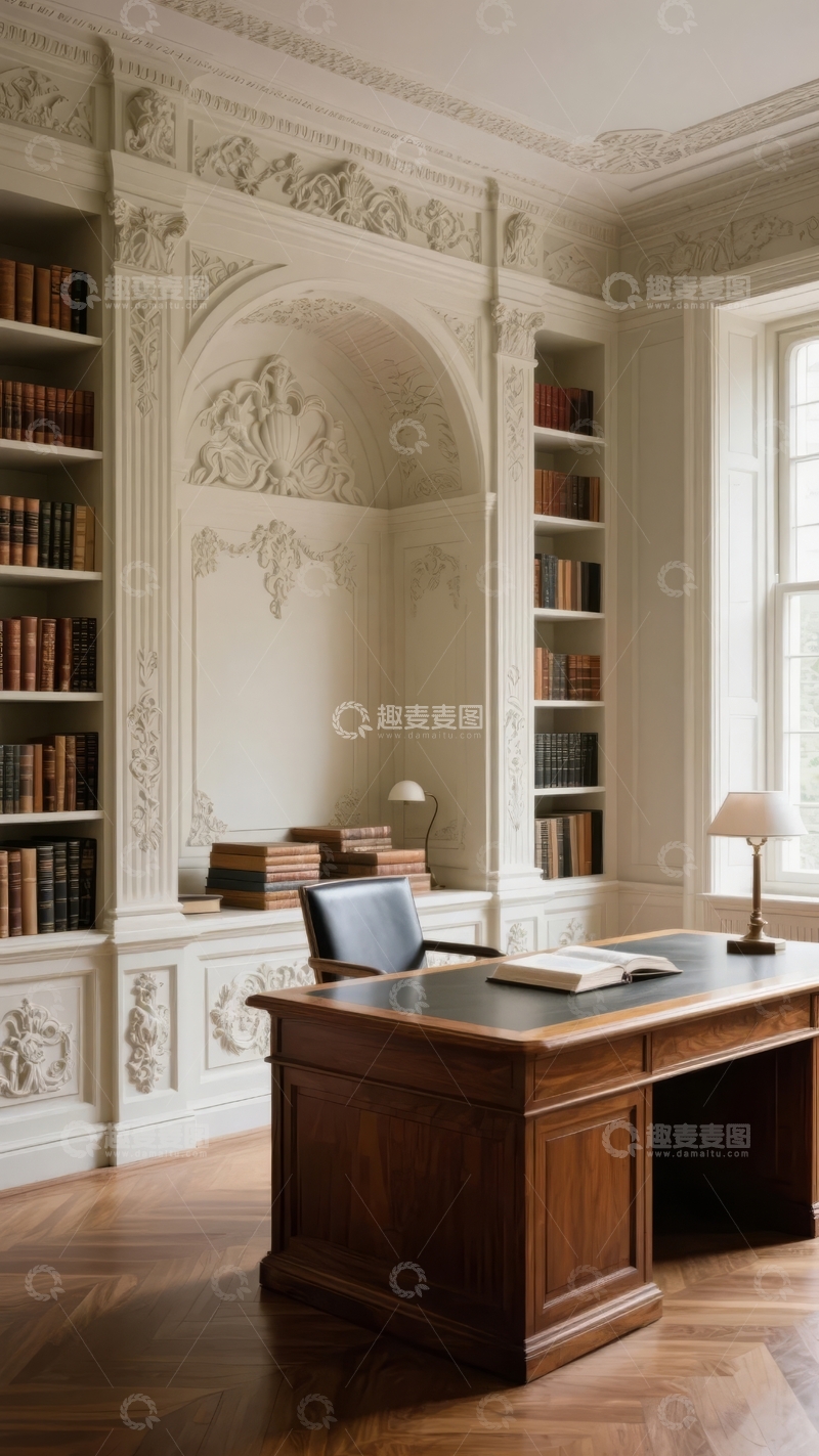高清大图下载【趣麦麦图】典雅古典书房内景装饰精美书架与雕花墙面