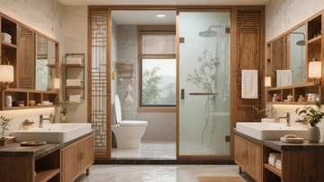 现代中式风格浴室设计配备木质家具和玻璃淋浴间