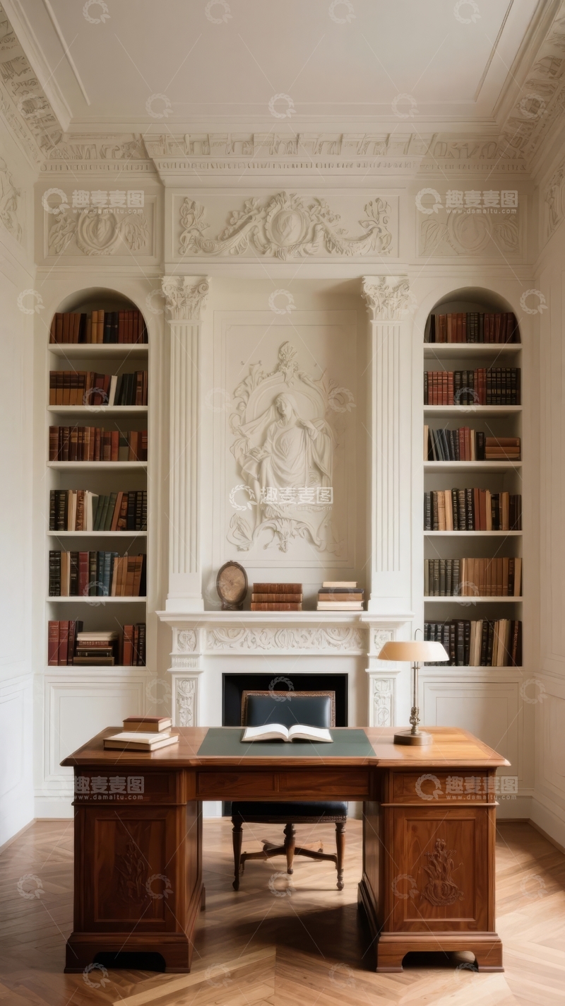 高清大图下载【趣麦麦图】典雅书房内设书桌壁炉与装饰性书架