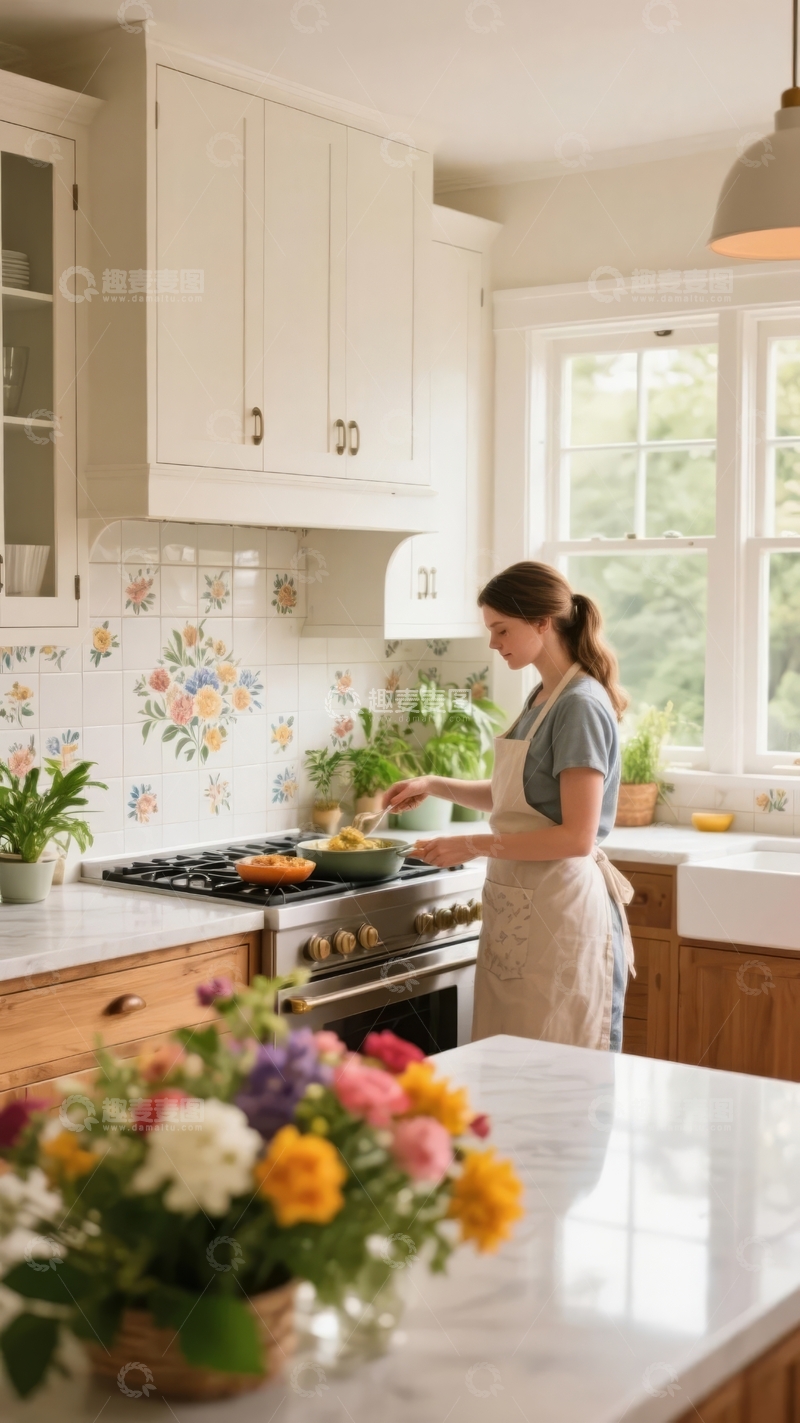 高清大图下载【趣麦麦图】女子在装饰有花卉瓷砖的厨房里烹饪