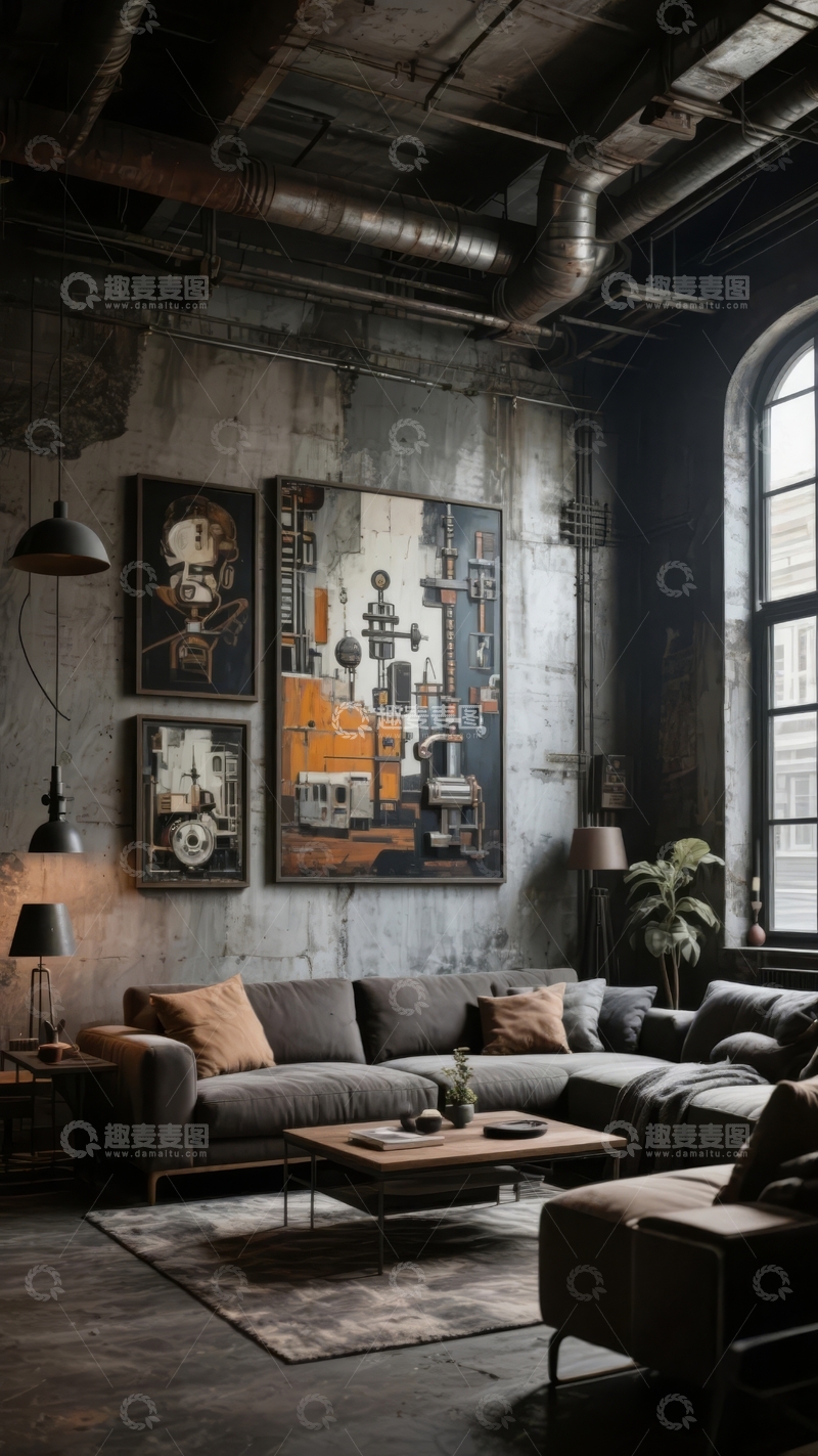 高清大图下载【趣麦麦图】工业风客厅设计展示裸露管道与艺术画作