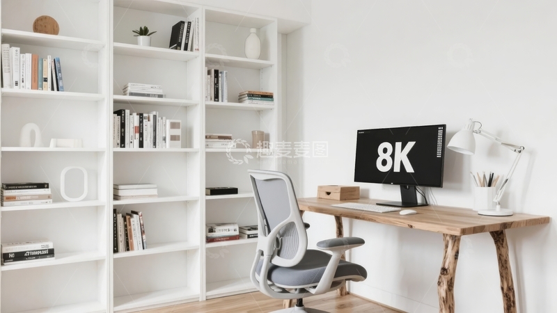 高清大图下载【趣麦麦图】现代简约风格书房书架与办公桌组合