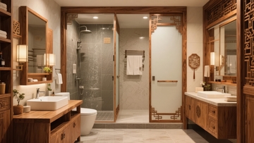 现代中式风格浴室设计包含双洗手台和玻璃淋浴间