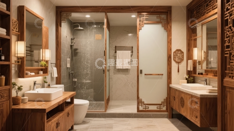 高清大图下载【趣麦麦图】现代中式风格浴室设计包含双洗手台和玻璃淋浴间