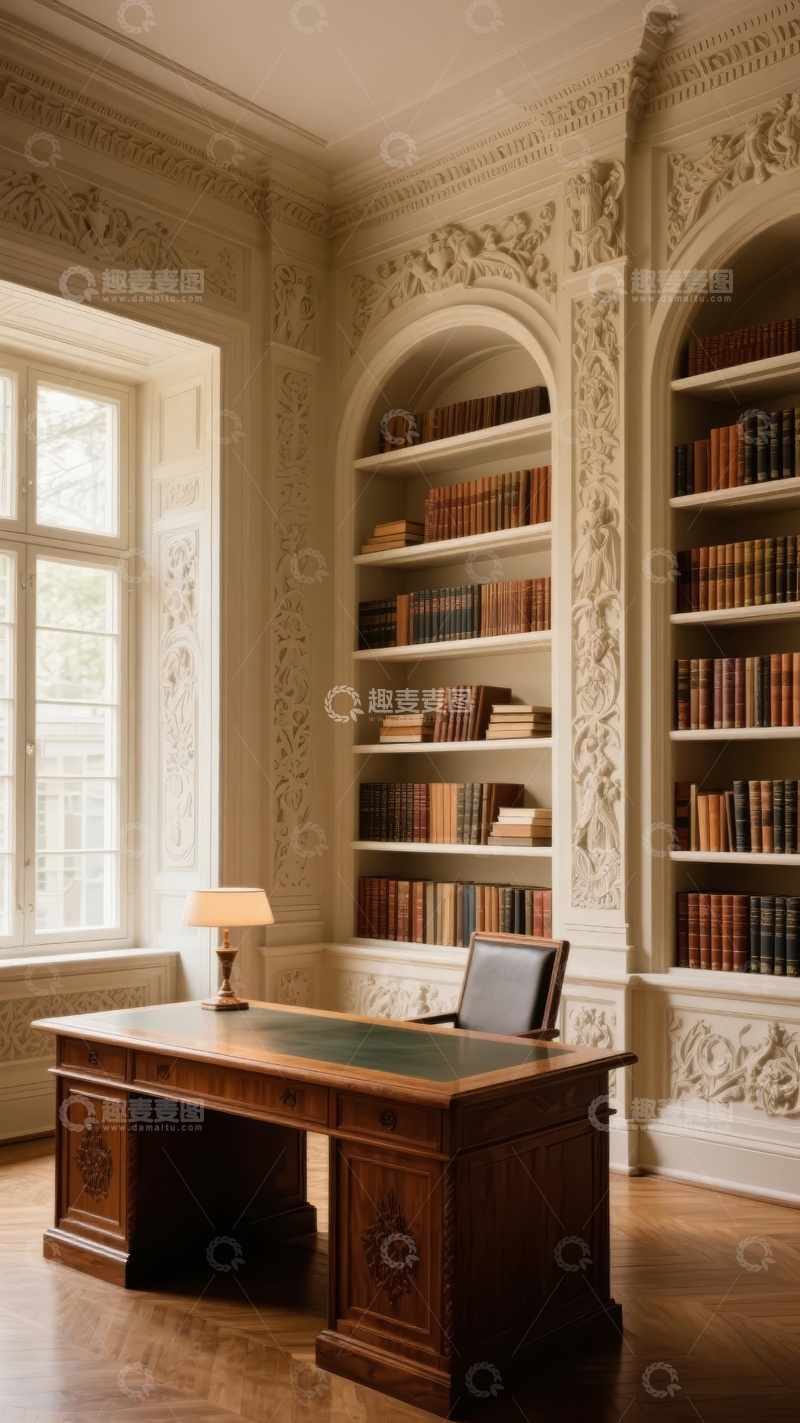 高清大图下载【趣麦麦图】典雅书房内景装饰精美书架与古典墙面设计