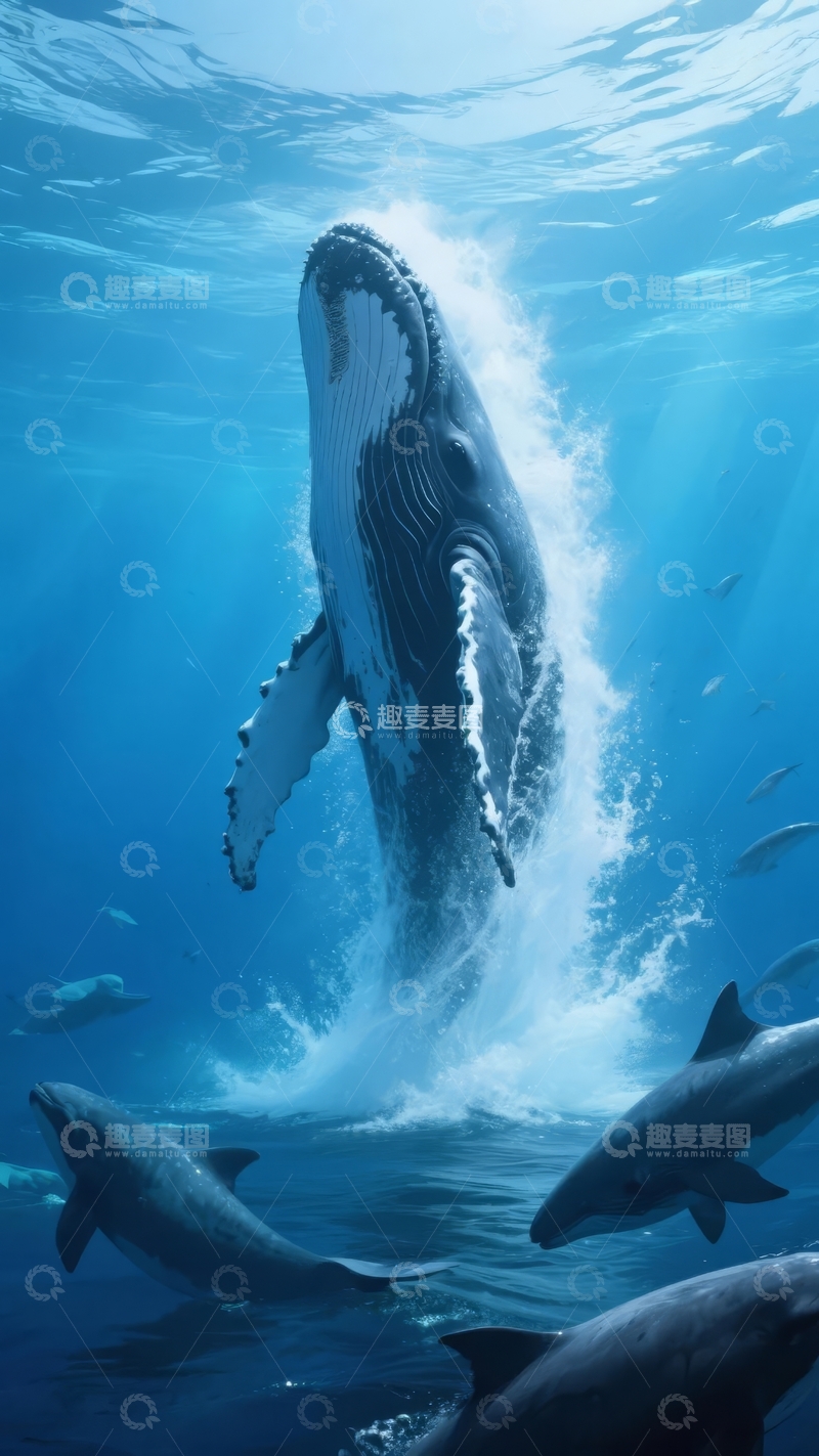 高清大图下载【趣麦麦图】深蓝色海洋中一只座头鲸跃出水面