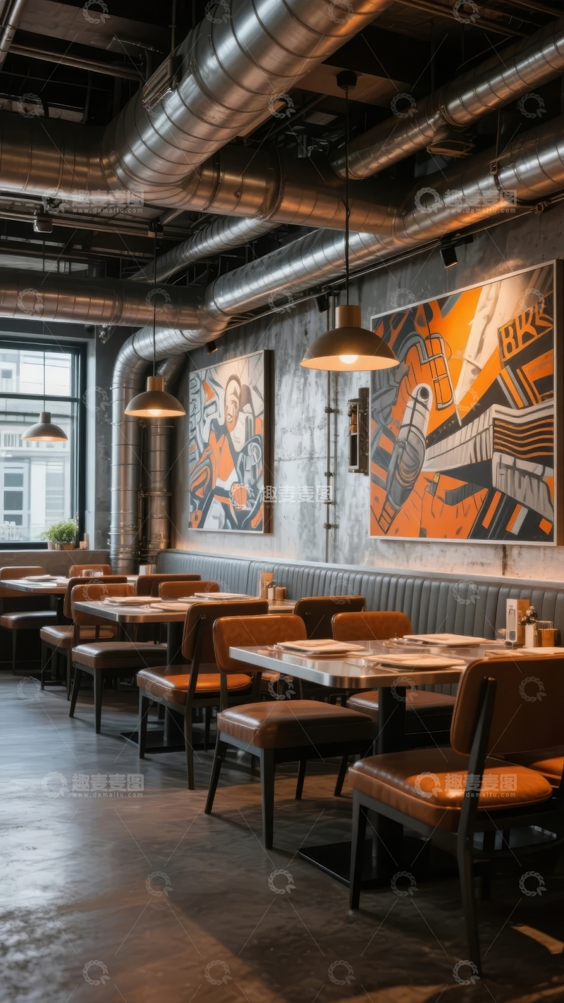 高清大图下载【趣麦麦图】工业风餐厅内部装饰艺术壁画与金属管道天花板