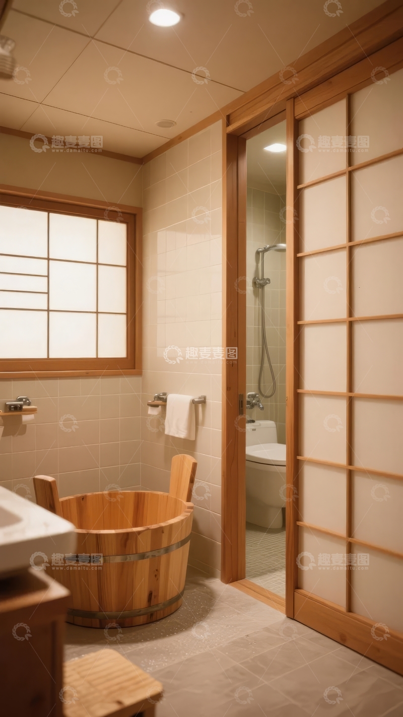 高清大图下载【趣麦麦图】日式风格浴室配备木质浴桶和推拉门