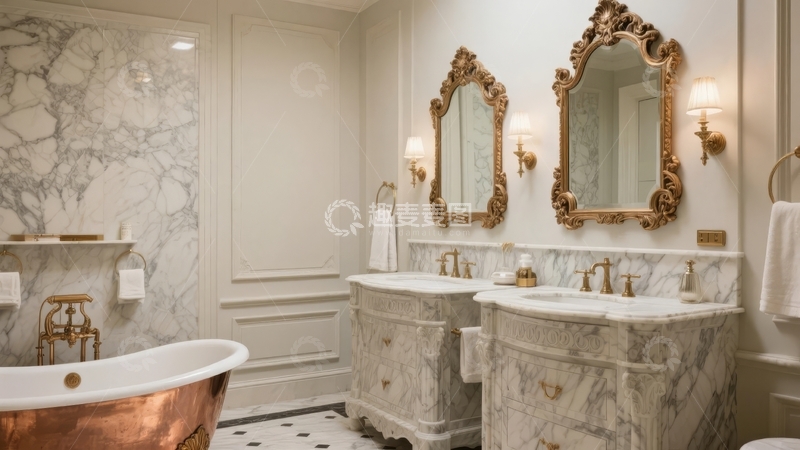 高清大图下载【趣麦麦图】豪华浴室配备铜浴缸和双洗手盆