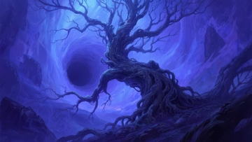 奇幻森林中扭曲巨树环绕神秘黑洞