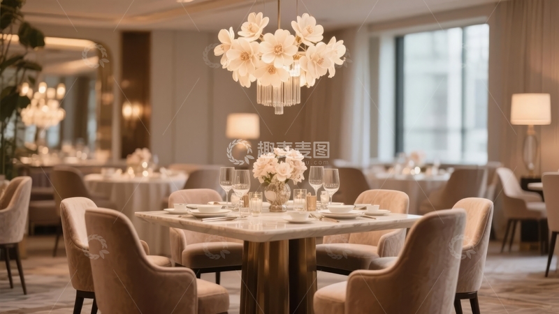 高清大图下载【趣麦麦图】优雅餐厅内景布置精致餐桌与吊灯