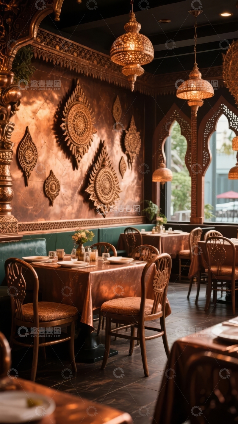 高清大图下载【趣麦麦图】装饰华丽的餐厅内部带有中东风格的墙面和吊灯