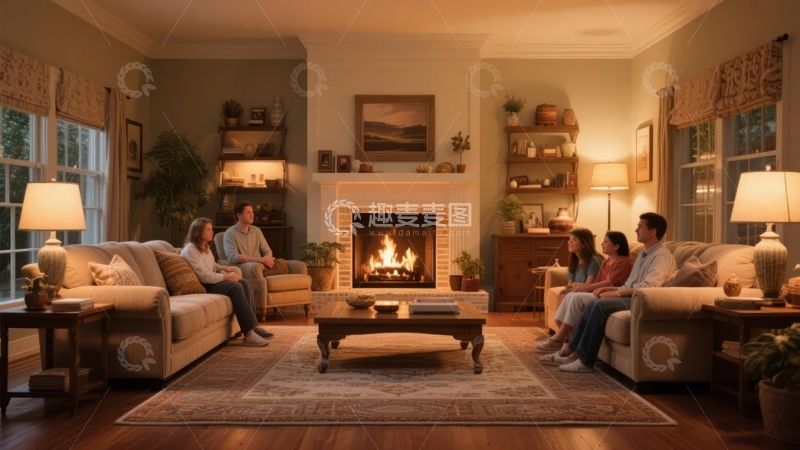 高清大图下载【趣麦麦图】温馨客厅中家人围坐在壁炉旁享受闲暇时光
