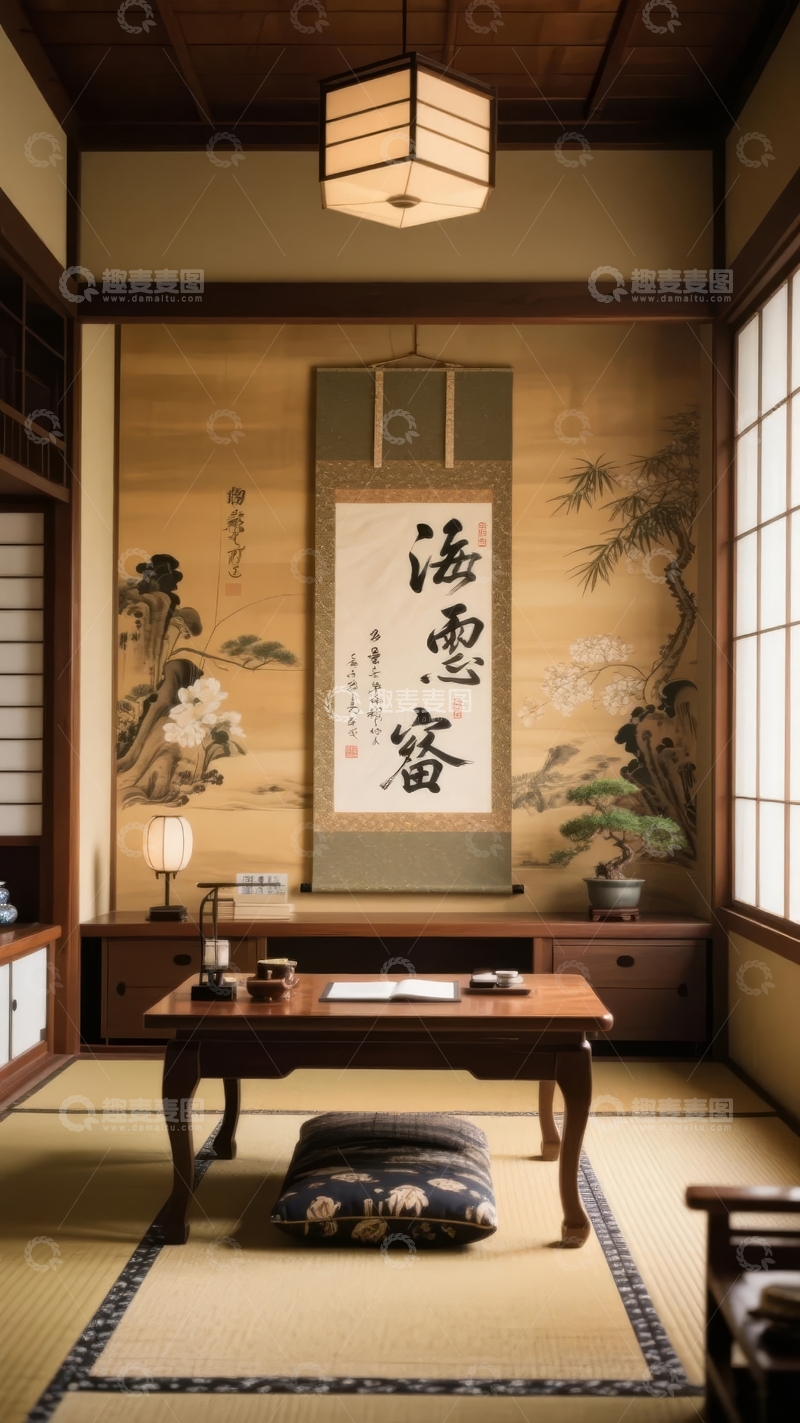 高清大图下载【趣麦麦图】传统日式房间内悬挂书法卷轴和摆放茶具的场景