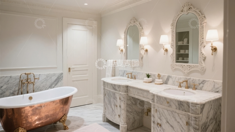 高清大图下载【趣麦麦图】豪华浴室配备铜浴缸大理石台面和精致壁灯