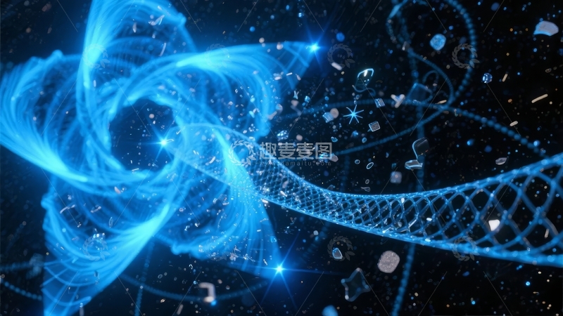 高清大图下载【趣麦麦图】蓝色光带与粒子构成的抽象宇宙场景