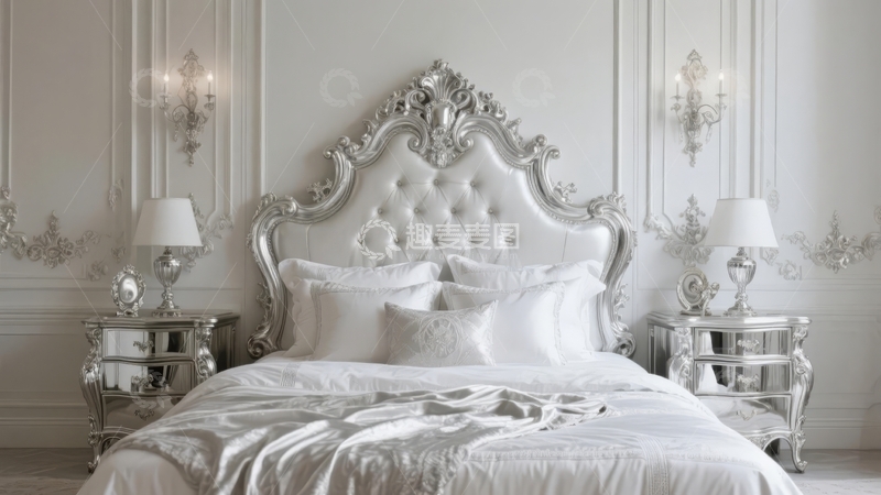 高清大图下载【趣麦麦图】豪华白色卧室装饰典雅床头柜对称摆放