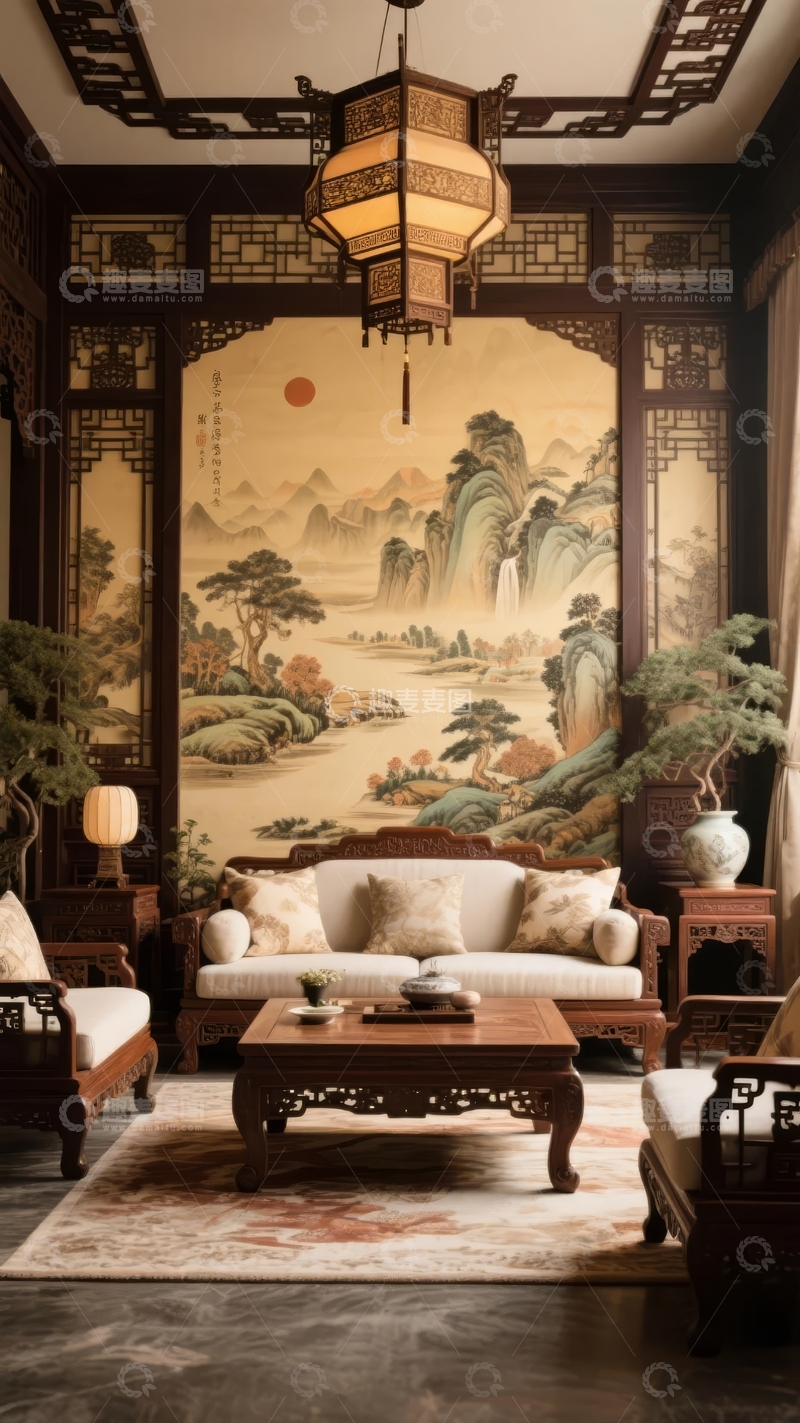 高清大图下载【趣麦麦图】中式古典风格客厅装饰以山水画和木质家具为主