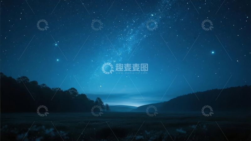 高清大图下载【趣麦麦图】夜空下银河横跨山林与田野的壮丽景象