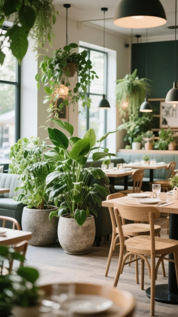 室内绿植环绕的现代风格餐厅或咖啡馆