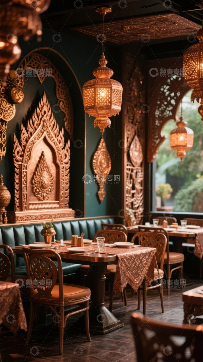 高清大图下载【趣麦麦图】装饰华丽的室内餐厅挂有金色灯笼和精美雕刻