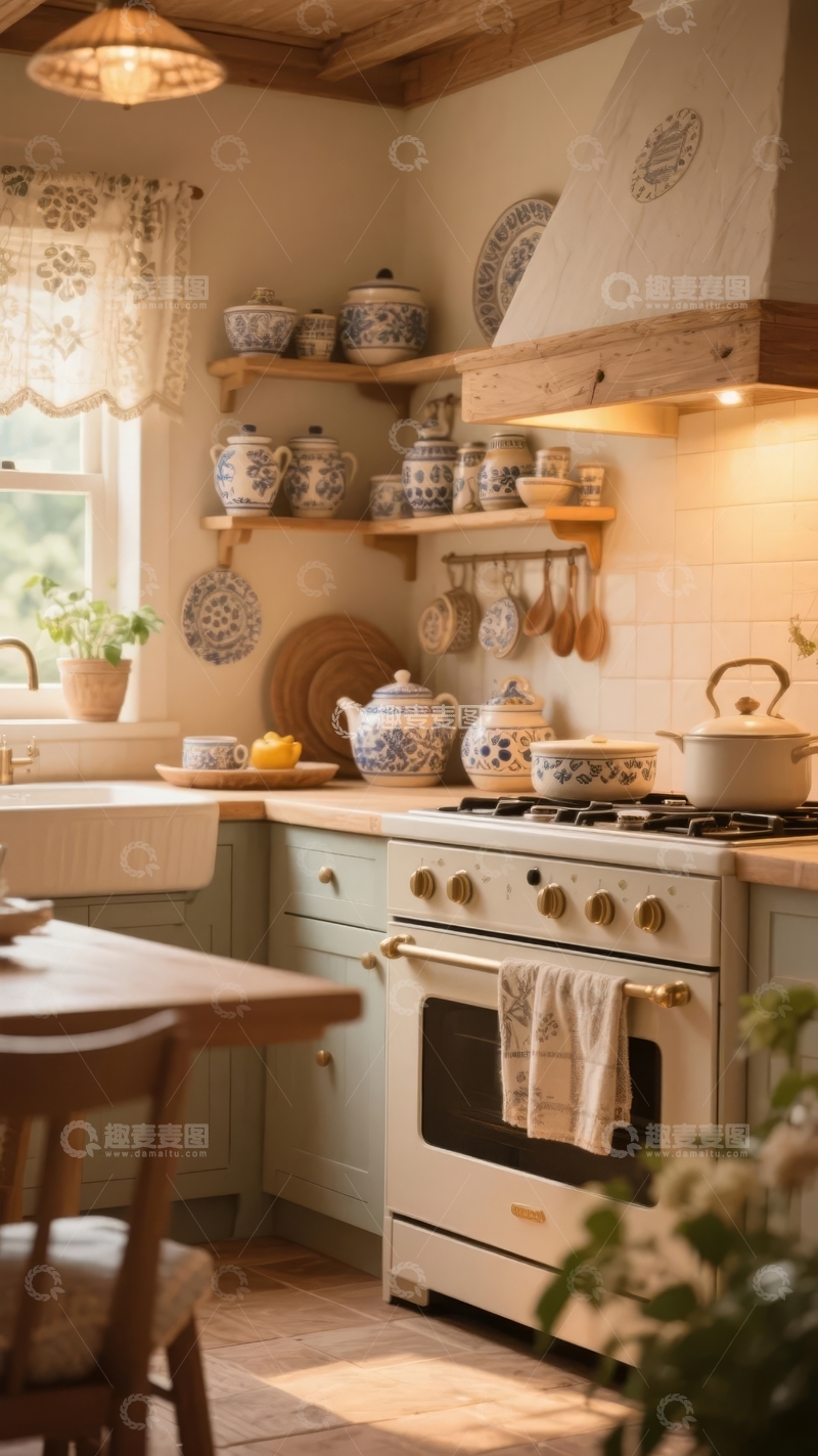高清大图下载【趣麦麦图】温馨复古风格厨房展示精美陶瓷器皿与木质装饰