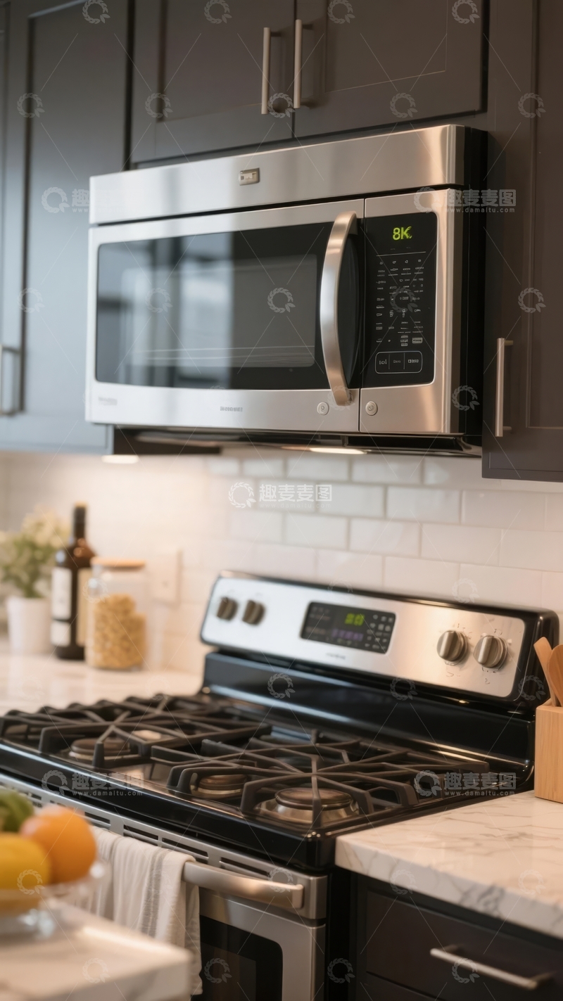 高清大图下载【趣麦麦图】现代厨房中的不锈钢微波炉与燃气灶