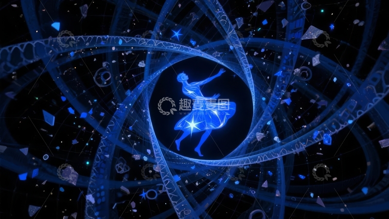 高清大图下载【趣麦麦图】蓝色光晕中舞动的女性剪影与螺旋星系图案