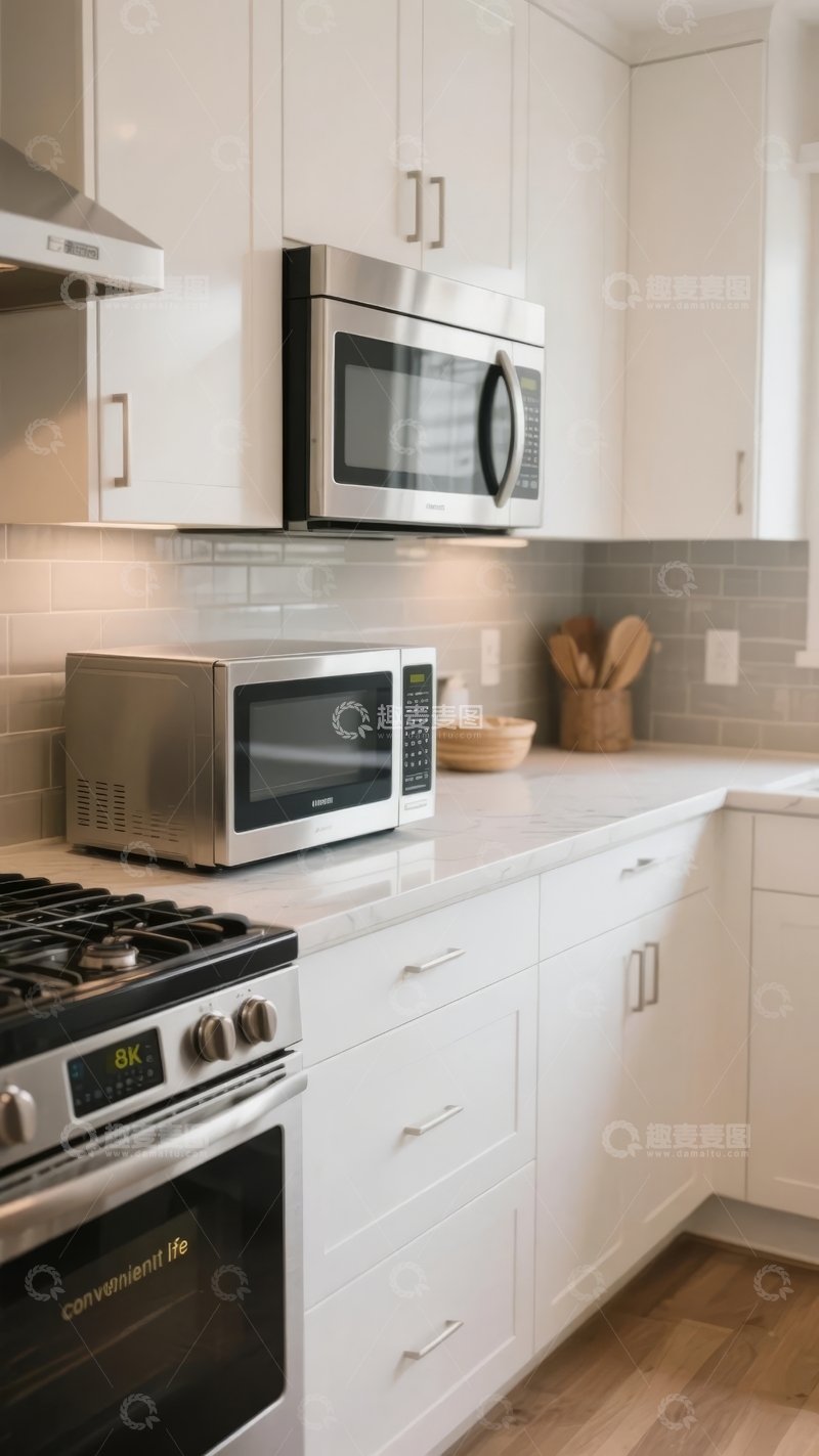 高清大图下载【趣麦麦图】现代厨房白色橱柜不锈钢电器整洁明亮