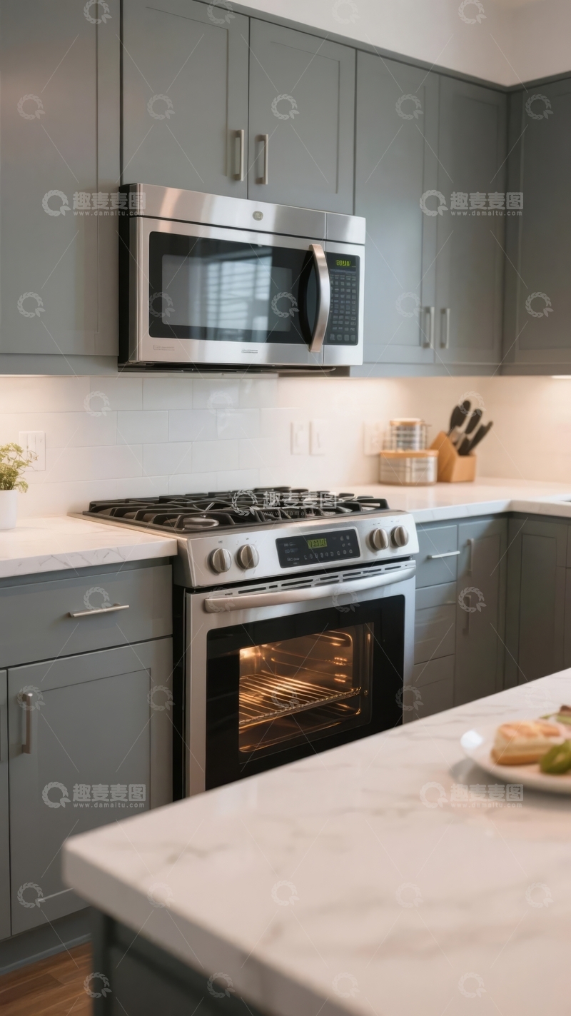 高清大图下载【趣麦麦图】现代厨房配备灰色橱柜不锈钢电器