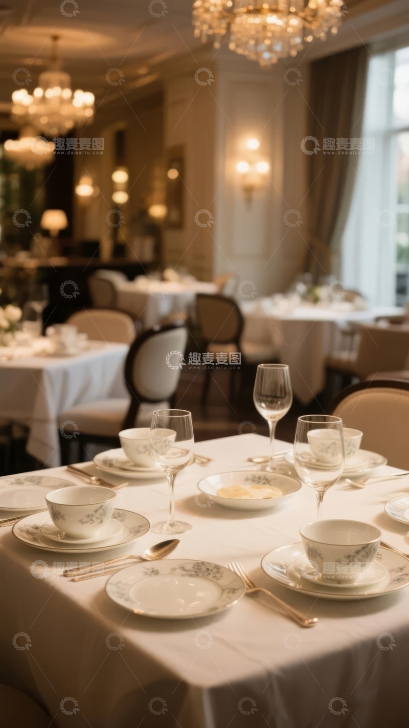 高清大图下载【趣麦麦图】优雅餐厅内景布置精致餐桌与华丽吊灯