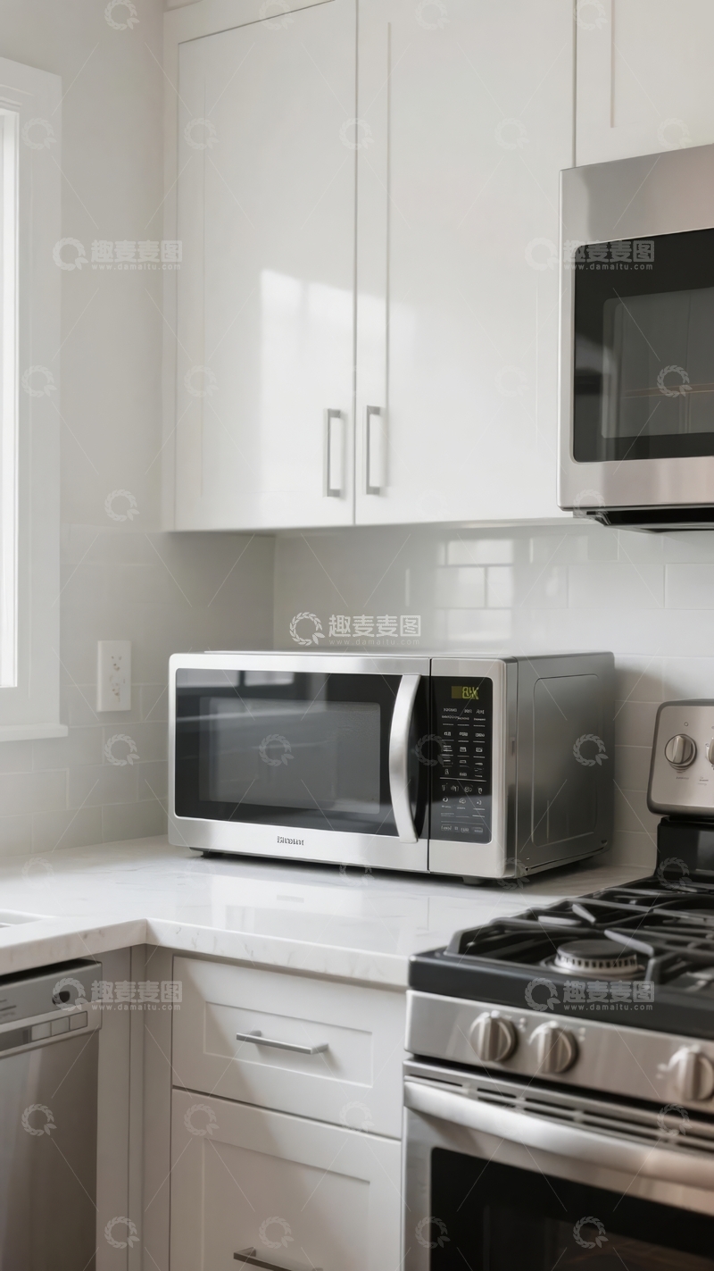 高清大图下载【趣麦麦图】现代厨房白色橱柜不锈钢微波炉燃气灶