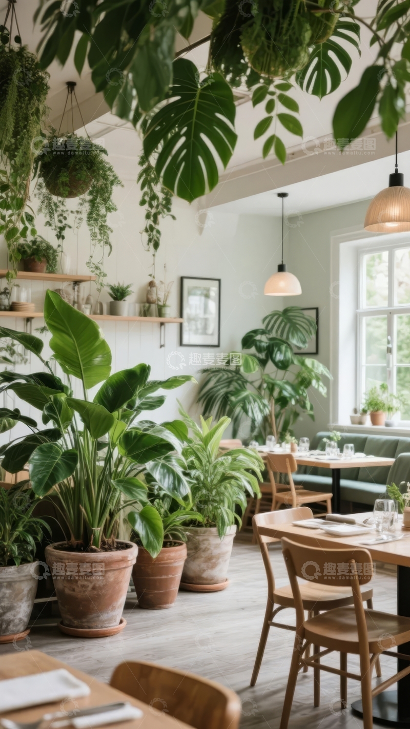 高清大图下载【趣麦麦图】室内绿植环绕的温馨餐厅场景