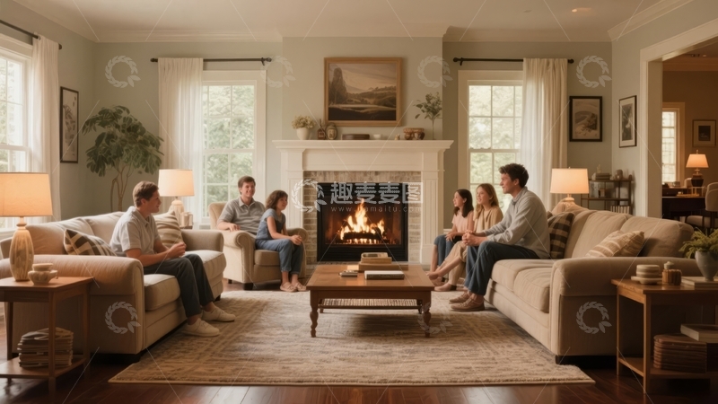 高清大图下载【趣麦麦图】温馨客厅中家人围坐壁炉旁交谈