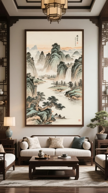 中式风格客厅悬挂山水画装饰