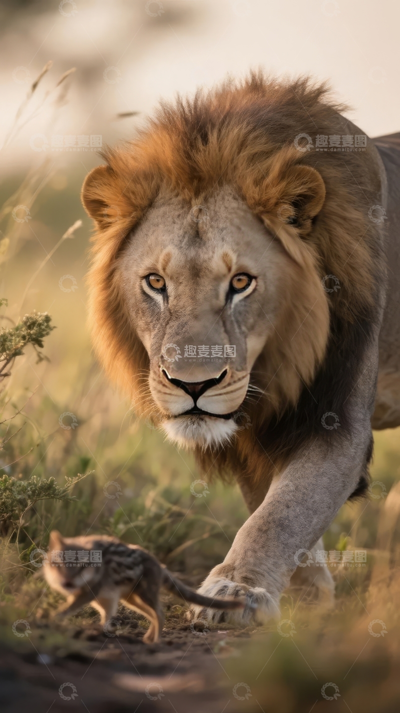 高清大图下载【趣麦麦图】雄狮在草原上凝视前方
