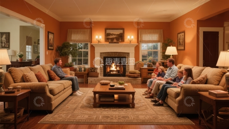 温馨客厅中一家五口围坐沙发看电视