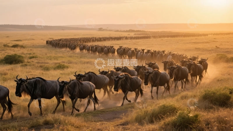 高清大图下载【趣麦麦图】黄昏时分草原上迁徙的角马群