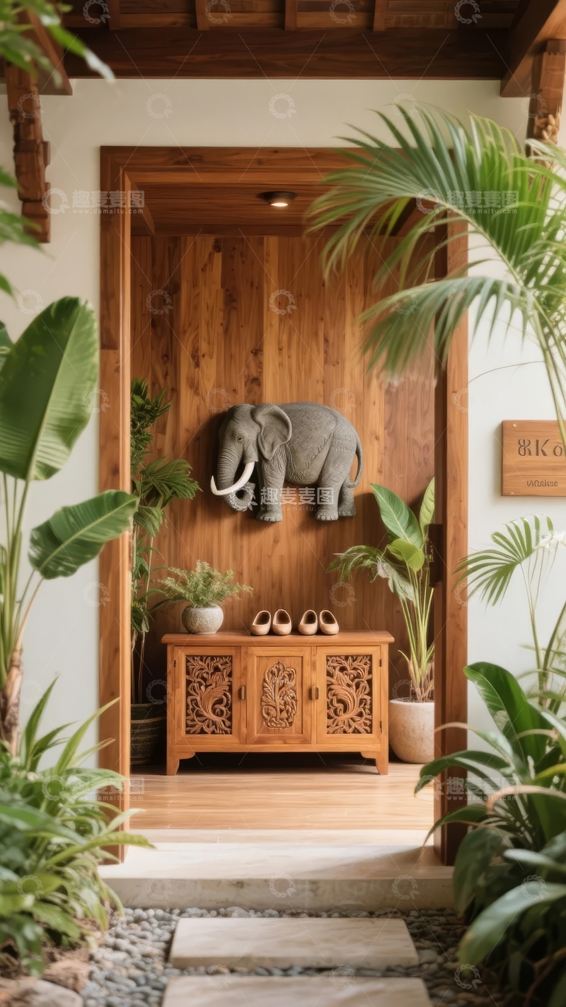 高清大图下载【趣麦麦图】木质门廊装饰有大象雕塑和绿植