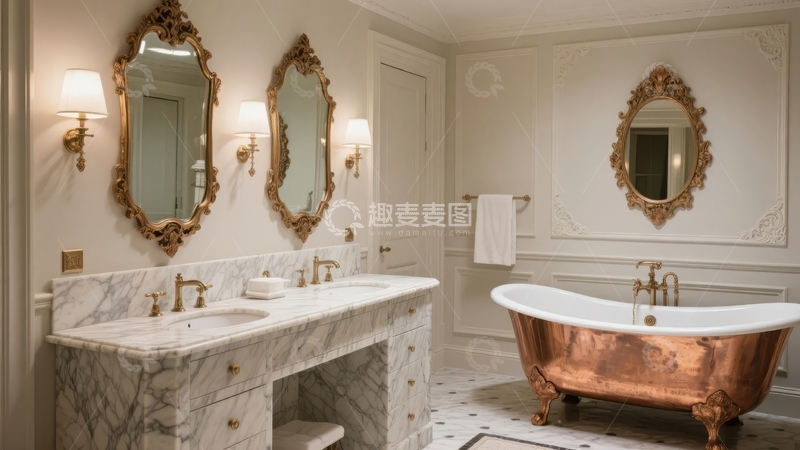 高清大图下载【趣麦麦图】豪华浴室配备大理石洗手台和铜制浴缸