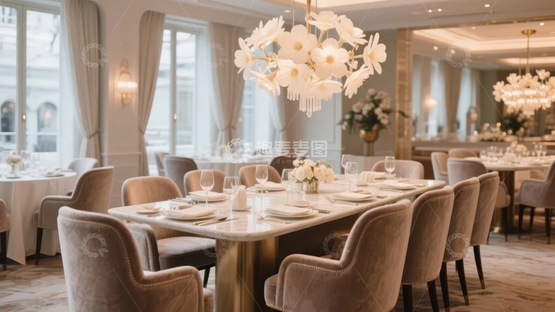 高清大图下载【趣麦麦图】豪华餐厅内景布置精致餐桌椅与吊灯