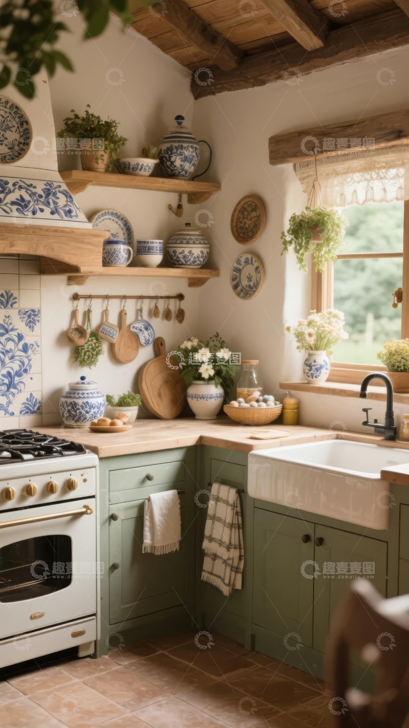 高清大图下载【趣麦麦图】-温馨乡村风格厨房装饰有木质天花板和蓝色花纹瓷器