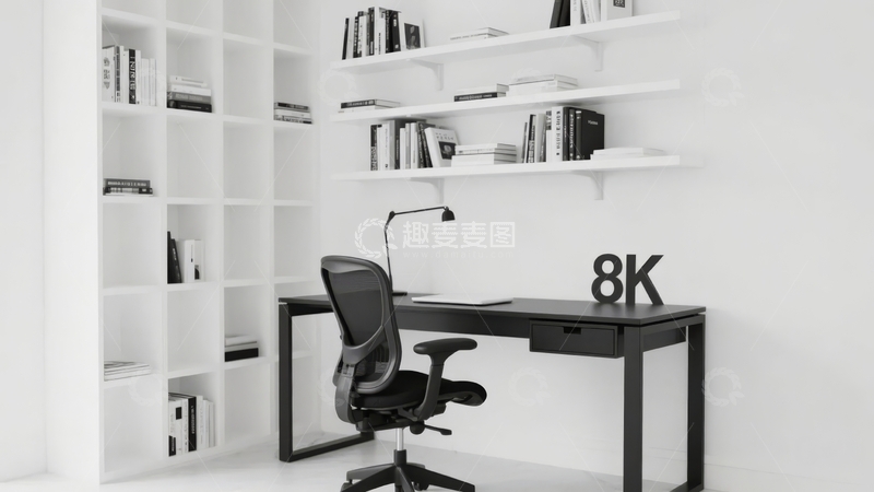 高清大图下载【趣麦麦图】现代简约风格的白色书架与办公桌组合