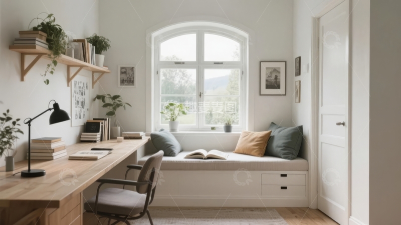 高清大图下载【趣麦麦图】明亮窗户旁的温馨书房角落配有书桌和舒适窗台